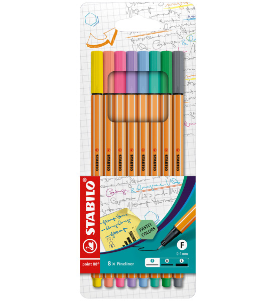 Micropunta/Felpa, Point 88, Punta Fina  0.4 mm, Estuche x 8 Unds. 8 Colores Pastel Surtidos